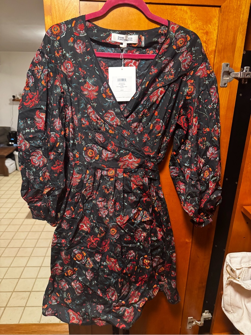 Diane von Furstenberg Black & Red Floral Barbe Wrap Dress